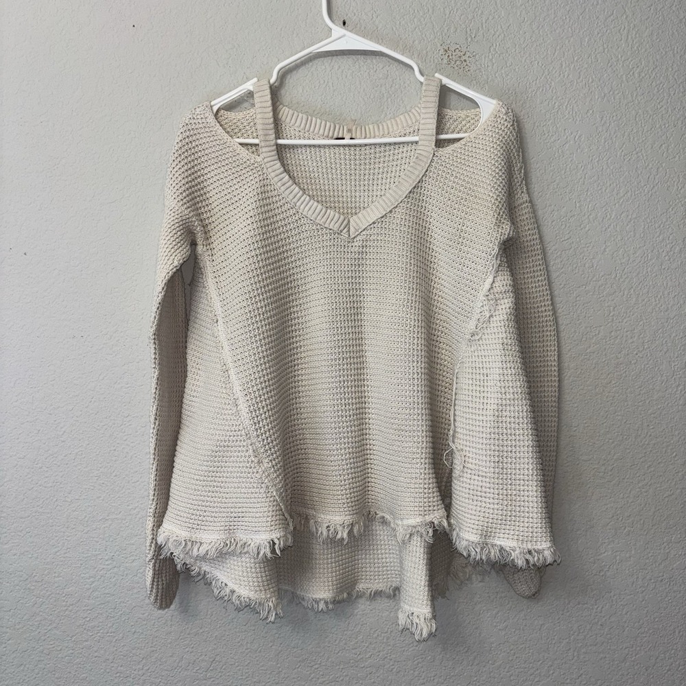 Free People Moonshine Waffle Knit Cold Shoulder V Neck Sweater Size XS Beige FP